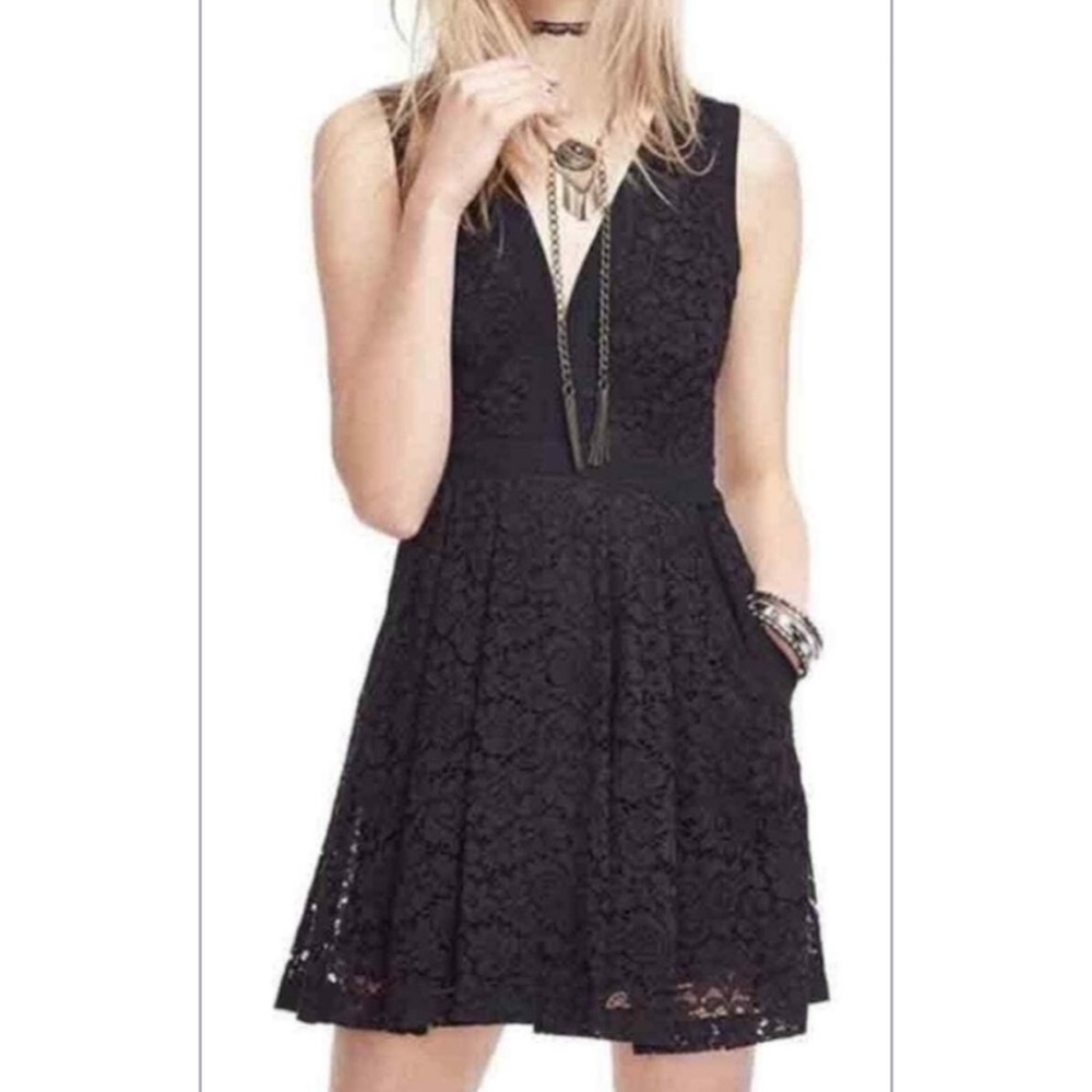 Free People Lovely in Lace Elegant Black Lace Fit and Flare Mini Dress Medium